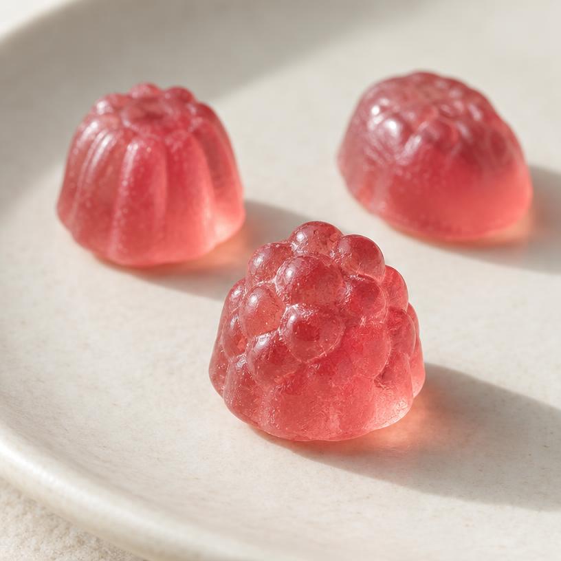 Illustrative close-up of pink fruit-shaped gummies