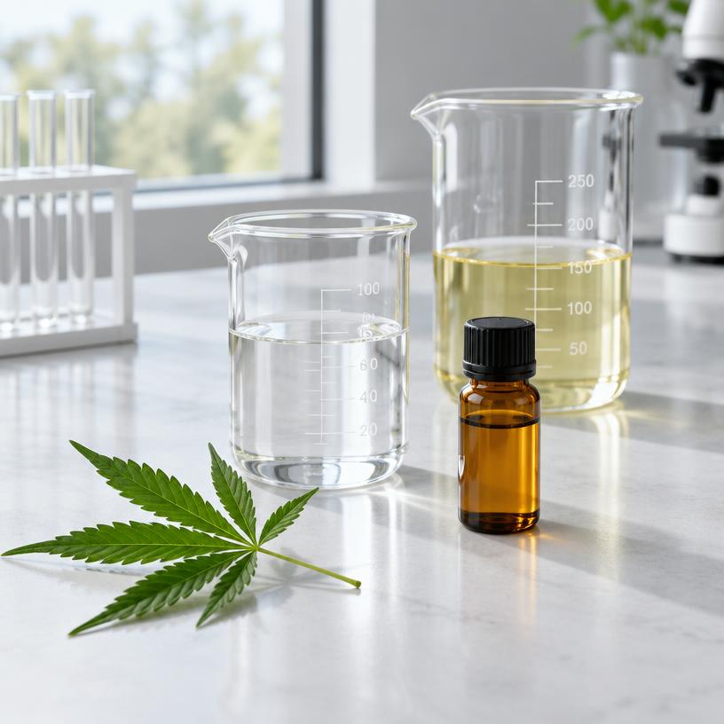 Illustrative laboratory beakers and botanical sample vial